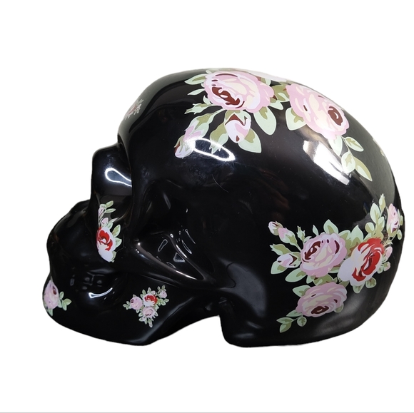 Ceramic Skull Coin Bank Black with Red & Pink Roses - Picture 3 of 5